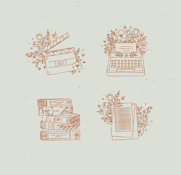 Clapperboard, typewriter, stack of books, paper checklist with floral arrangement drawing in graphic style with coral color on light background