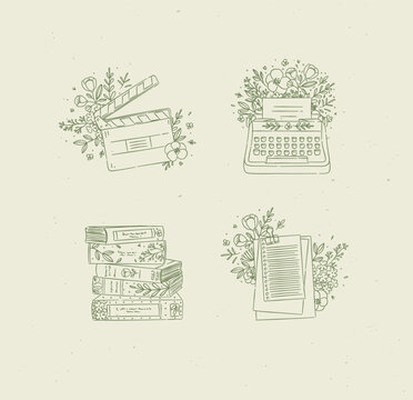 Clapperboard, typewriter, stack of books, paper checklist with floral arrangement drawing in graphic style with green color on beige background