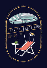 Tropical Vacation Toucan Sitting on the  Sling Chair Under Umbrella with Coconut Cocktail Vintage Typography Summer T-Shirt Vector Illustration © Handdraw