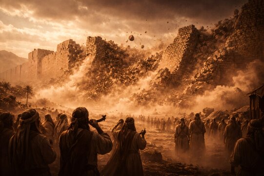 Ancient city Jericho walls crumbling during a powerful biblical event