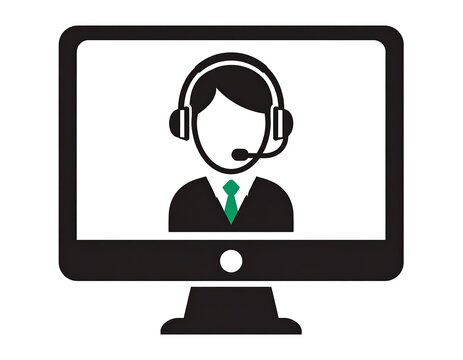 A stylized illustration depicting a person with a headset on a computer screen, likely representing customer service
