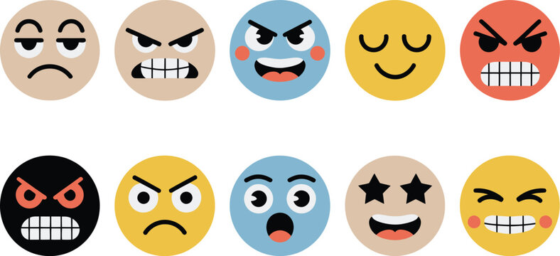 Retro emoji faces expressing diverse emotions joy anger sadness surprise colorful vintage style flat vector illustration design.