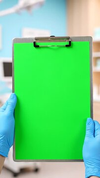 Doctor in Blue Gloves Holds Clipboard with Green Screen for Medical Information and Data Entry in a Modern Clinic Setting