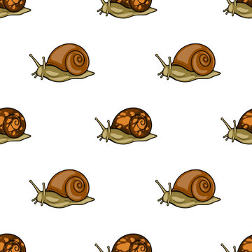 Seamless pattern vector illustration of cute cartoon snails crawling on a white background.
