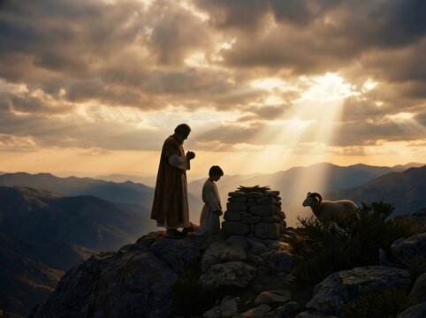 Abraham offering Іsaac, biblical sacrifice on mountain altar