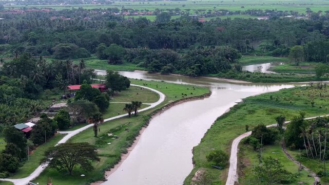 Aerial River Bend and Roads at Labuh Banting