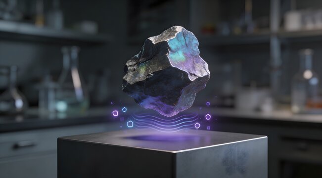 Macro laboratory experiment with levitating mineral and futuristic energy ripples