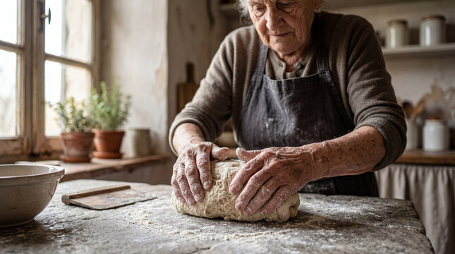 Elderly woman prepares dough in a rustic kitchen while using her hands and a stone surface