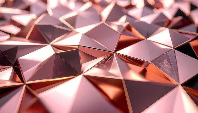 Rose gold faceted surface with triangular forms in geometric pattern, reflecting highlights and diffused background