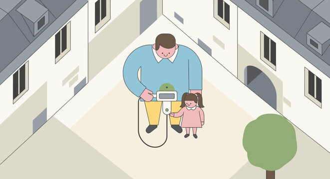 Father and daughter measuring their height in a charming European street with old buildings and a tree, illustration.