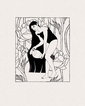 Mystical woman silhouette with ancient jar and floral elements raster art.