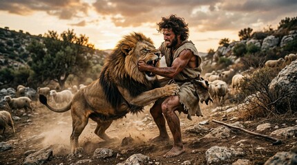Naklejka premium Young shepherd David battles a powerful lion to protect his flock of sheep, which graze peacefully in the background.