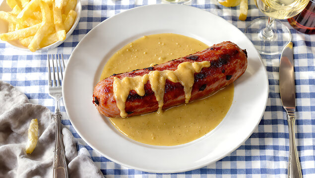 Top-Down Flat Lay French Andouillette de Troyes - Grilled Chitterling Sausage with Dijon Mustard - Traditional Bistro Dish - Deep Focus Food Photography