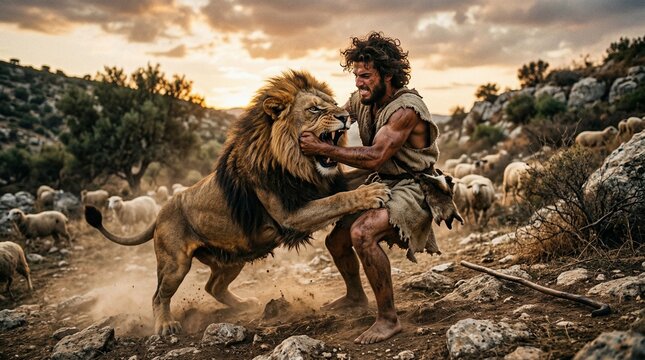 Young shepherd David battles a powerful lion to protect his flock of sheep, which graze peacefully in the background.