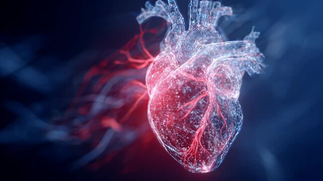 Anatomical human heart model pulsing with glowing digital particles and neon fibers representing cardiovascular health in high technology medical visualization featuring cinematic motion effects.