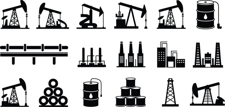 Oil industry icons petroleum production processing symbols drilling rigs refineries barrels energy sector flat vector illustration.
