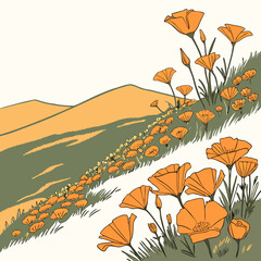 Naklejka premium A stylized illustration depicts vibrant orange california poppies blooming in a field set against rolling hills and a soft background high quality