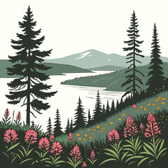 Fototapeta premium A serene landscape depicts a calm lake surrounded by lush evergreen forests rolling hills and a distant mountain peak high quality professional