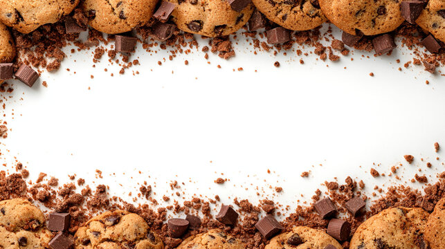 Chocolate chip cookies and chunks on white background border frame