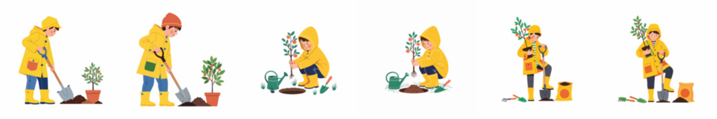 Obraz premium Series of illustrations showing a young boy in a yellow raincoat engaged in gardening activities like digging and planting small fruit trees.
