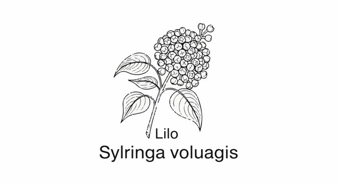 Hand-drawn sketch of a lilac branch with buds, leaves, and botanical name