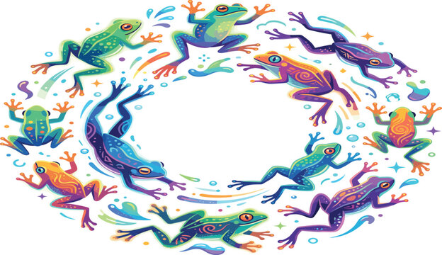 Colorful Tropical Frog Wreath with Vibrant Tree Frogs in Jumping Poses and Water Splash Elements for Exotic Nature and Wildlife Designs