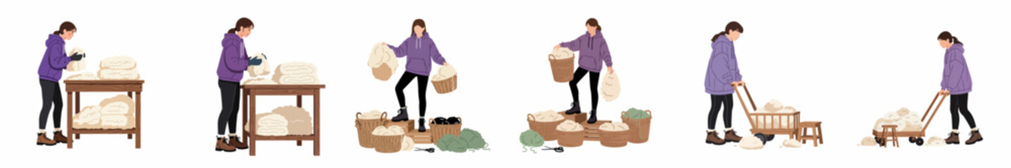 Set of illustrations showing a woman processing raw sheep wool, featuring activities like sorting on a table, packing into baskets, and transporting with a cart. © Sugih