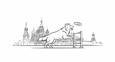 Fototapeta premium A dog leaps over a hurdle in front of a cityscape sketch with distinct onion domes
