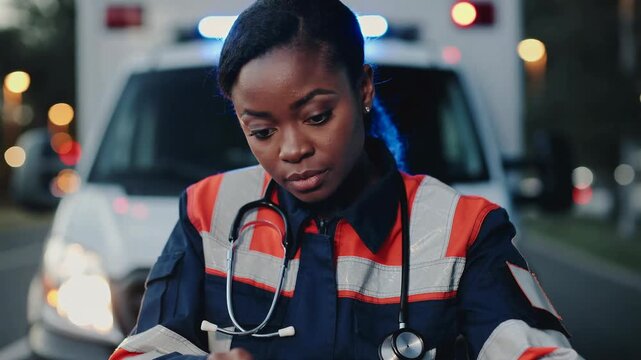 Black female paramedic at ambulance night, focused on documenting patient notes on clipboard with stethoscope around neck, flashing blue and red lights, urban street bokeh, calm professional demeanor