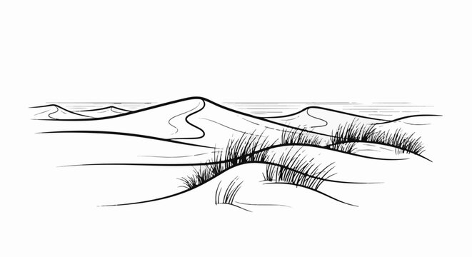 Stylized black and white drawing of rolling sand dunes with sparse grass