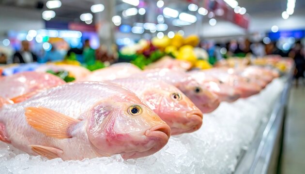 Row of fresh, pink whole fish on ice, likely in a market. Blurred background of produce and people
