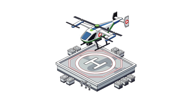 Isometric Medical eVTOL Drone Ambulance Hovering Over Helipad - Futuristic Emergency Air Transport Concept Isolated on White
