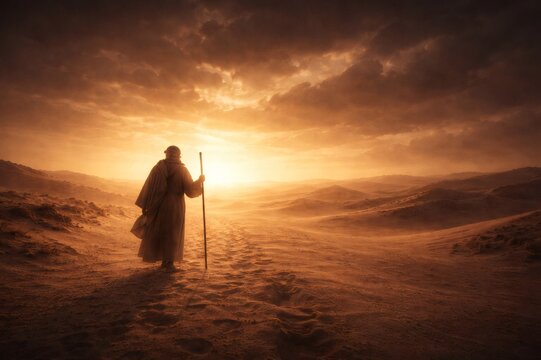 Old patriarch walking alone on desert path during sunset
