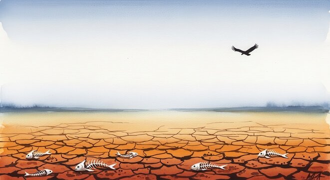 Dried landscape displays cracked earth and scattered fish skeletons beneath a lone bird.
