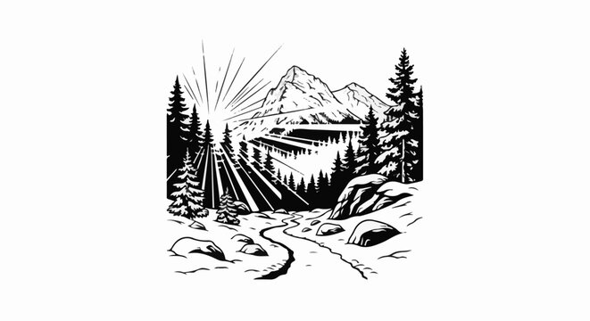 Sunburst over mountain range with pine trees and winding path
