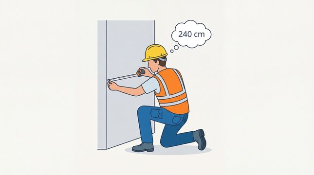 Builder measuring wall with tape measure and thinking of height in centimeters