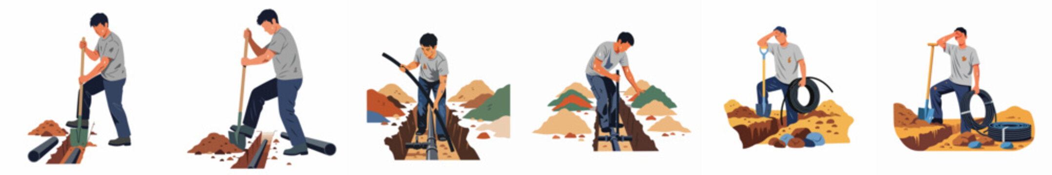 Sequential illustrations of a manual laborer digging a trench, installing pipes, and finishing heavy utility work on a construction site, depicting physical labor.