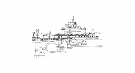 Fototapeta premium Ancient fortress and bridge, a historic monument with sculptures and flags