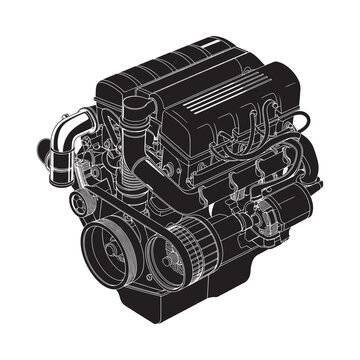 Detailed isometric illustration of a powerful v8 engine in black and white