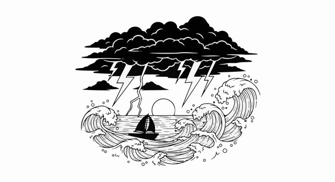 Dramatic stormy seas with lightning striking, a sailboat battling waves