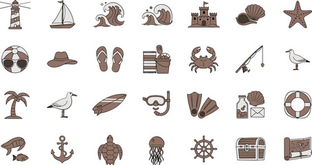 Brown beach icons set including sea creatures and nautical symbols © Mofajjol