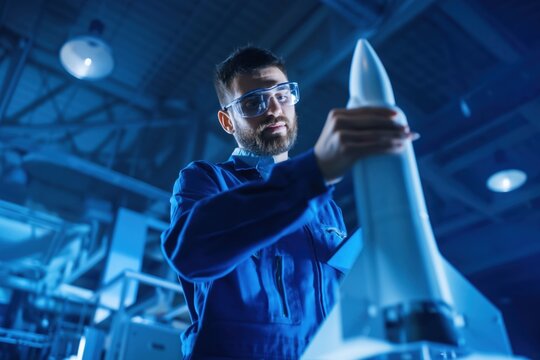 Engineer developing rocket model for aerospace space exploration project