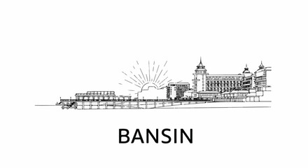 Obraz premium Sketch of a hotel resort with a sunburst sunrise over buildings