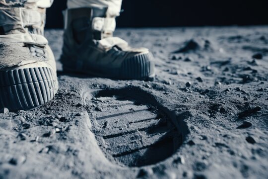 Astronaut boot stepping onto lunar surface leaving footprint