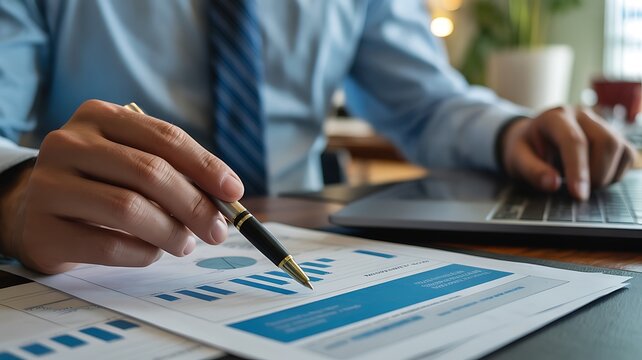Businessman analyzing data on documents with pen and laptop on office desk