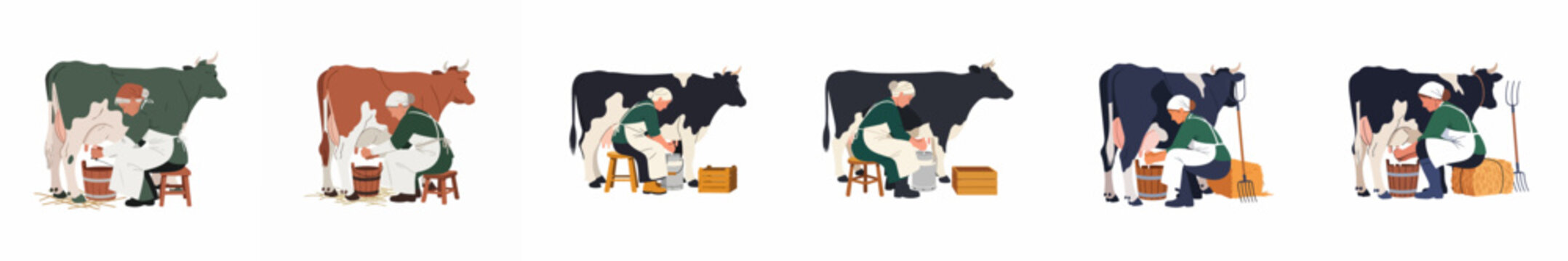 Set of flat vector illustrations depicting milkmaids milking cows by hand into wooden buckets in a rustic agricultural farm scene.
