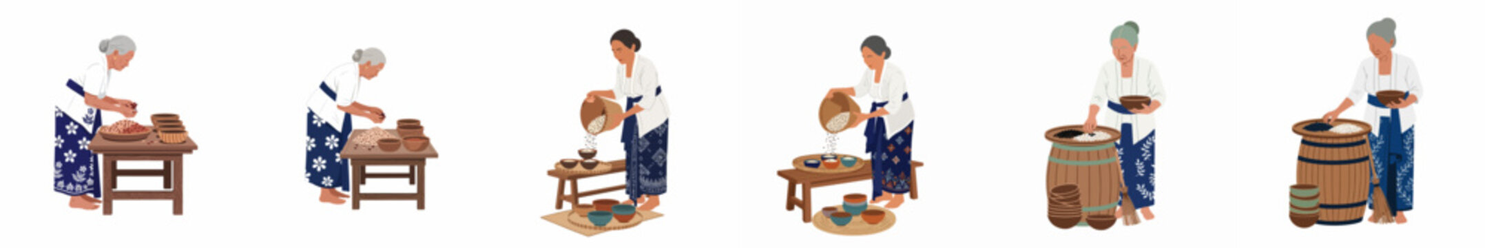 Flat illustration set of traditional Indonesian women in kebaya and sarong preparing grains, sorting beans, and pouring rice in rural village style.