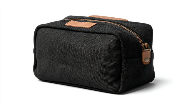 Black toiletry bag with brown leather accents and zipper