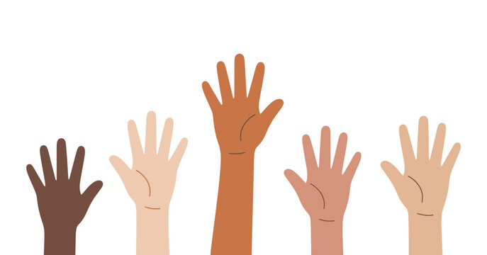 Diverse group of raised hands unity and support white background representing community equality inclusion teamwork flat vector illustration.