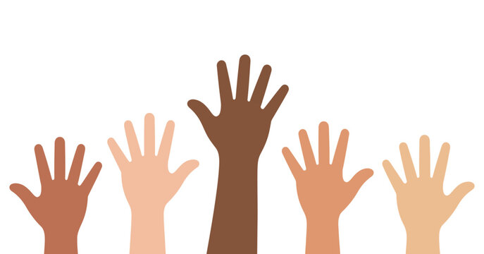 Diverse group of raised hands unity and support white background representing community equality inclusion teamwork flat vector illustration.
